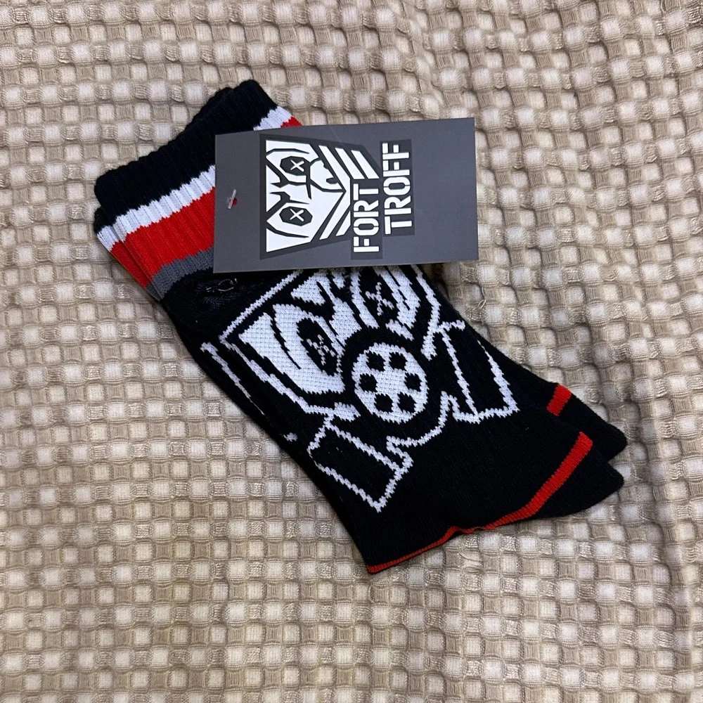 (3) Pack- Fort Troff Black & Red Men's Crew Socks w/zipper pockets